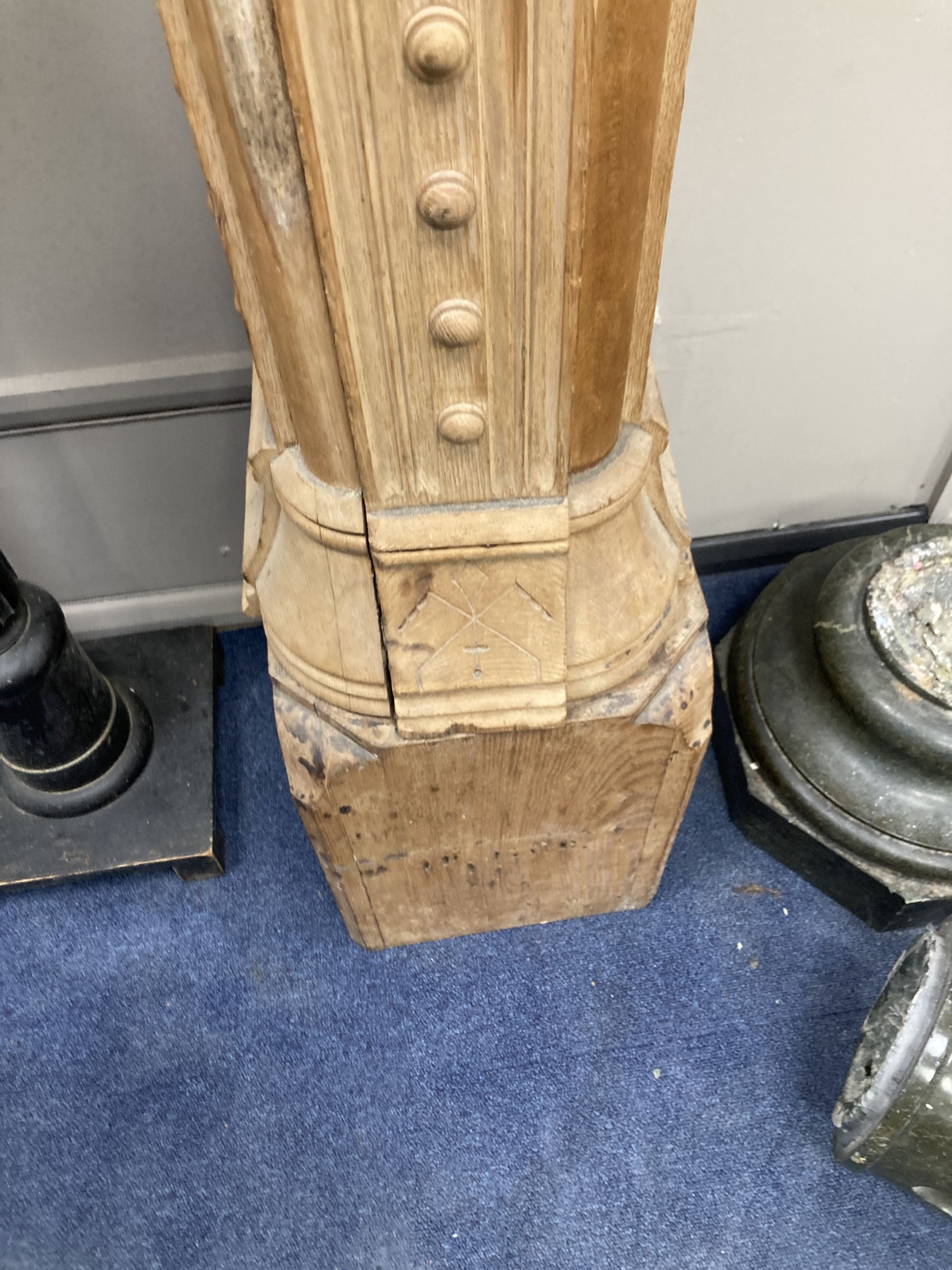 A stripped oak newell post, height 148cm